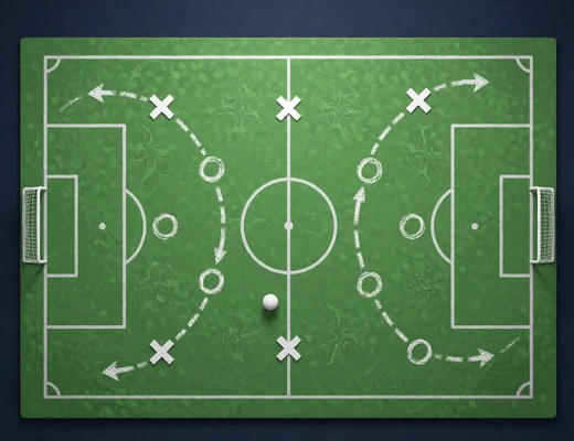 Gr&uuml;nes Taktikbrett mit Spielerpositionen und Laufwegen - Football-Manager-Mini-Game bei BetScore