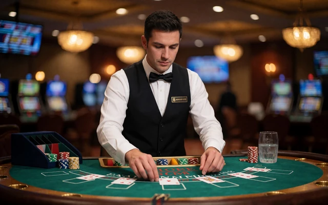 Live-Dealer im schwarzen Anzug teilt Karten am gr&uuml;nen Blackjack-Tisch aus - Live-Casino-Stream bei BetScore