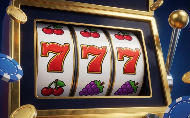 Goldener Spielautomat mit drei Siebenen, Casino-Chips und M&uuml;nzen vor dunkelblauem Hintergrund - Slots im Online Casino