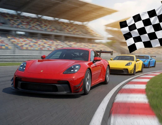 Rotes Rennauto vor gelbem und blauem Wagen mit Zielflagge auf der Rennstrecke - Spin-Rally-Mini-Game