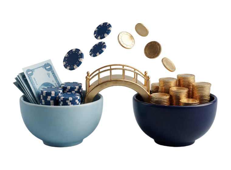 Illustration von zwei getrennten T&ouml;pfen mit Echtgeld und Bonusguthaben, verbunden durch eine goldene Br&uuml;cke - Non-Sticky-Bonusmodell erkl&auml;rt