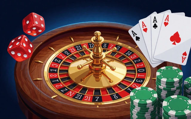 Roulette-Kessel mit W&uuml;rfeln, Ass-Spielkarten und gr&uuml;nen Chips vor dunkelblauem Hintergrund - Tischspiele im BetScore Casino