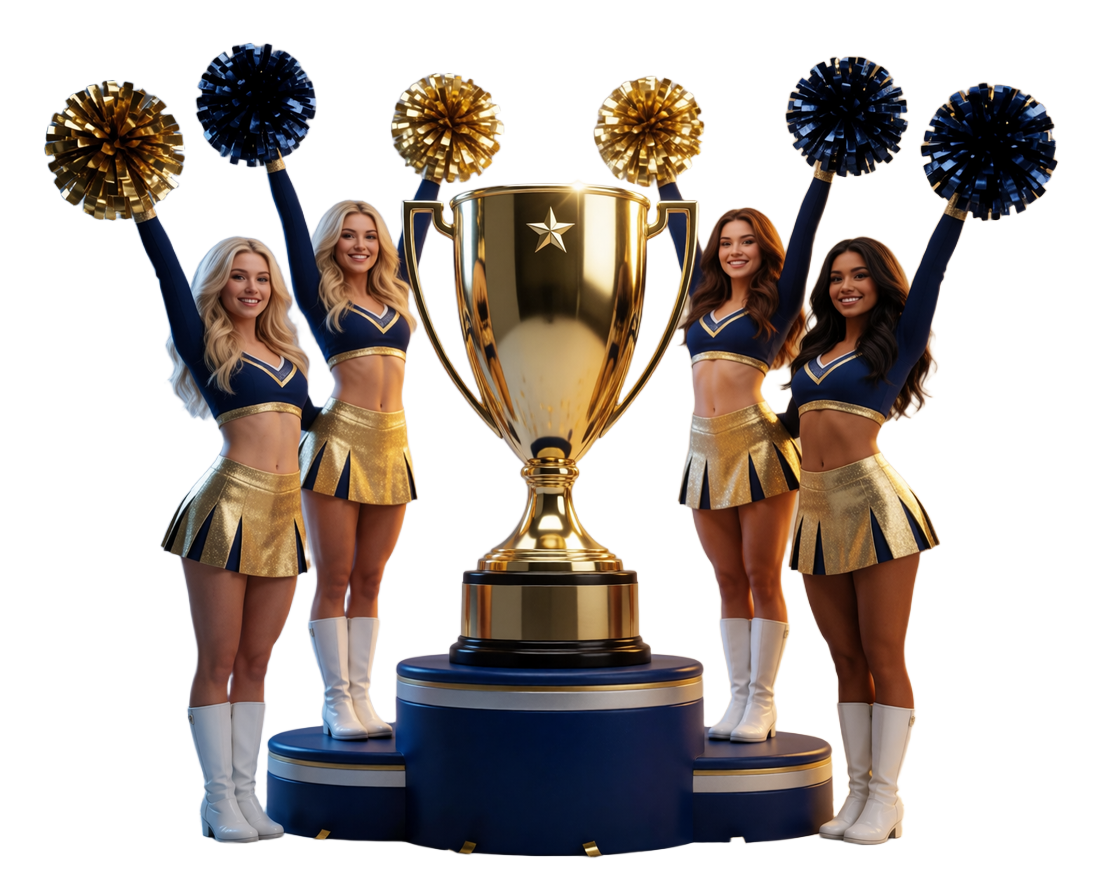 Cheerleader in Navy-Gold-Uniform feiern mit goldenem Pokal auf dem Siegerpodest - Titelbild von BetScore Casino f&uuml;r Online Casino und Sportwetten