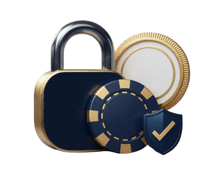 Goldenes Schloss mit Casino-Chip, Schutzschild und Altersfreigabe-Marke - Sicherheit und 18+ im Online Casino