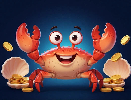 Rote Cartoon-Krabbe mit Muscheln und Goldm&uuml;nzen vor dunkelblauem Hintergrund - Bonus-Crab-Mini-Game
