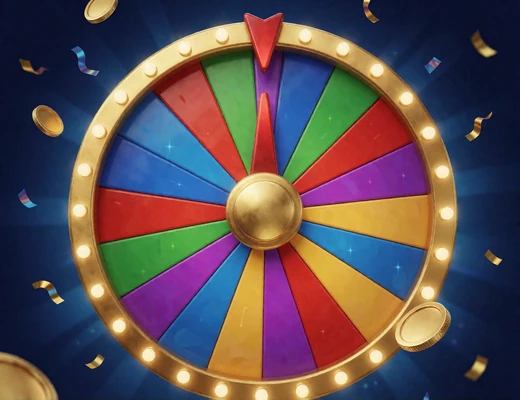 Buntes Gl&uuml;cksrad mit goldenem Rahmen und M&uuml;nzen vor dunkelblauem Hintergrund - Fortune Wheel im BetScore Casino